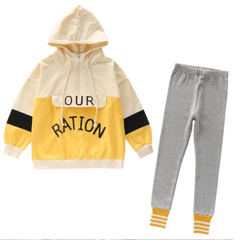 Girls Spring and Autumn Sports Suits Printed Contrast Color Splicing Pullover Long Sleeve Top Casual Loose Trousers Two-piece Set