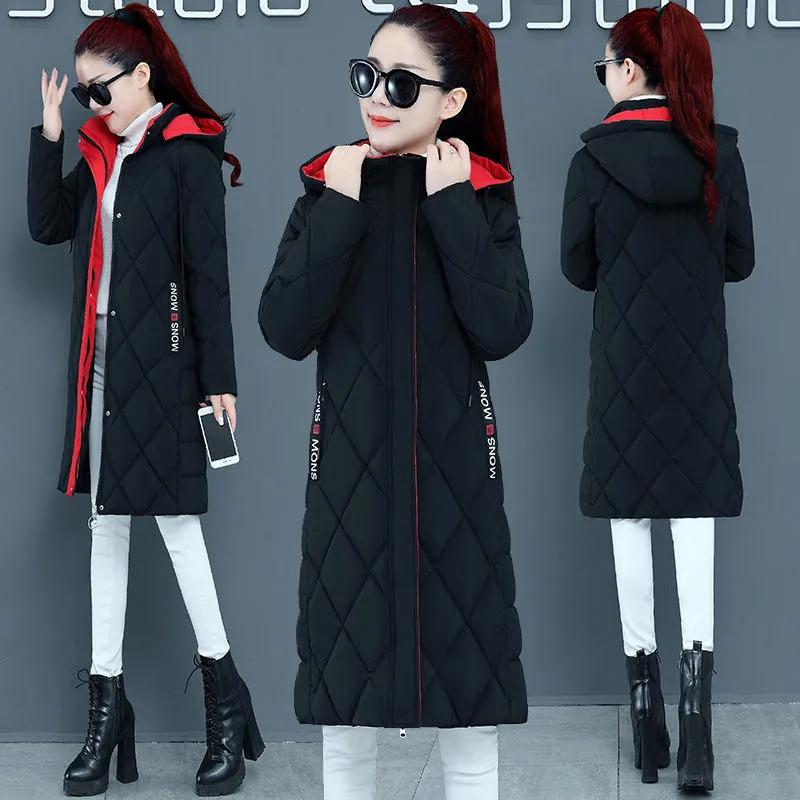 Loose Argyle Hooded Parkas Women Fashion Solid Thick Long Coats Women Elegant Cotton Jackets Female Ladies Winter Jacket