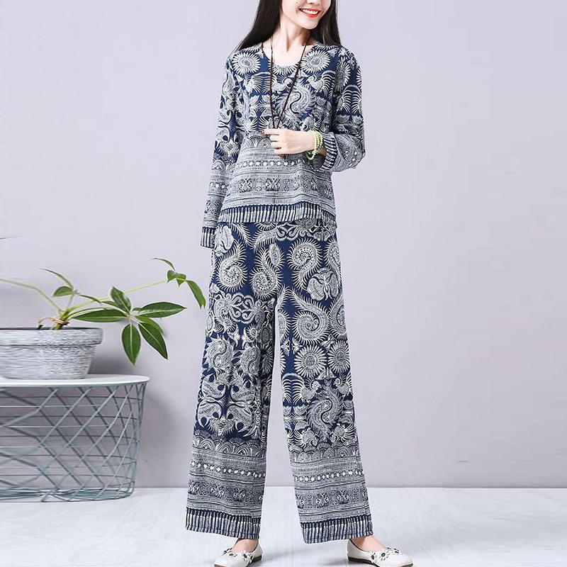 Cotton and Linen Suit Women 2021 Spring Plus Size Retro Literary Print Thin Two-piece Women's Clothing