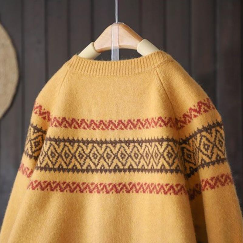 National Style Raglan Sleeve Knit Cardigan Jacquard Sweater Spring and Autumn Retro Lazy Style V-neck Long-sleeved Warm Sweater Jacket