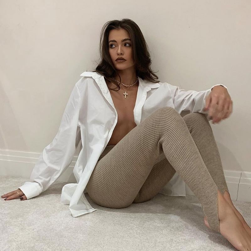 Women's Beige Ribbed Knit Leggings High Waist Cotton Fitness Basic Pants Casual Spring Autumn All-Match Female Skinny Highly Elastic Leggings