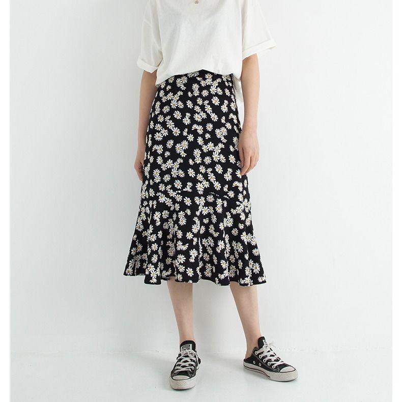 Skirt Chiffon High Waist Thin Lotus Leaf Flowers Mid-length Irregular Fishtail Skirt