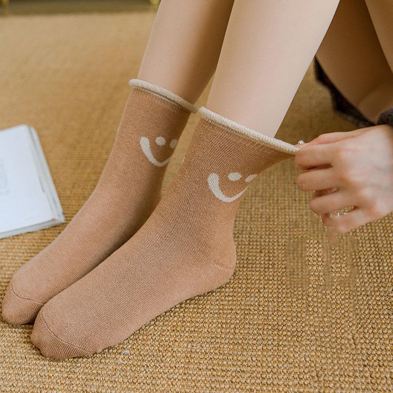 4 Pairs Women's Thick Socks Cute Smile Face Stockings Japanese Autumn Winter Warm Plus Velvet Socks Solid Color Indoor Floor Socks