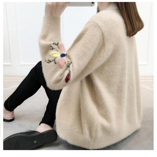 Imitation Mink Fleece Knitted Cardigan Spring and Autumn Loose Short Coat Fashion Thick Top
