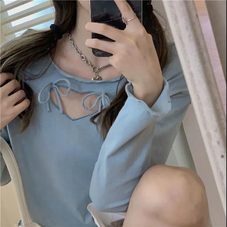 Womens Love Hollow Frill Loose Tops Blouse Casual Crew Neck Pullover T-Shirt