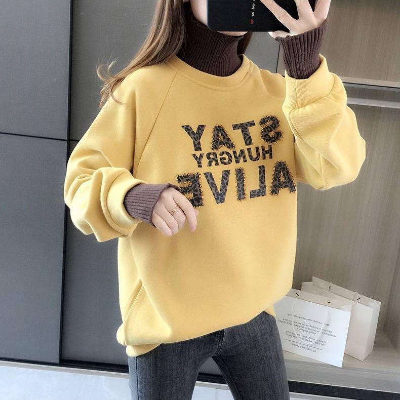 Cotton Thick Sweater Women Autumn and Winter Fake Two-piece Splicing Tops Student High Collar Loose Jacket