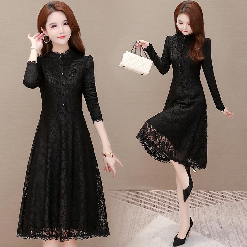 Lace Dress Autumn and Winter Temperament Long-sleeved Bottoming Skirt Waist Slim A-line Mid-length Ladies Dress
