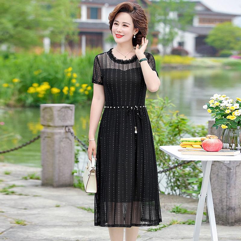 Women's Spring Summer Short-sleeved Dress Mesh Gauze Waist Thin Fake Two-piece Middle Skirt Pure Color Ladies Banquet Dress