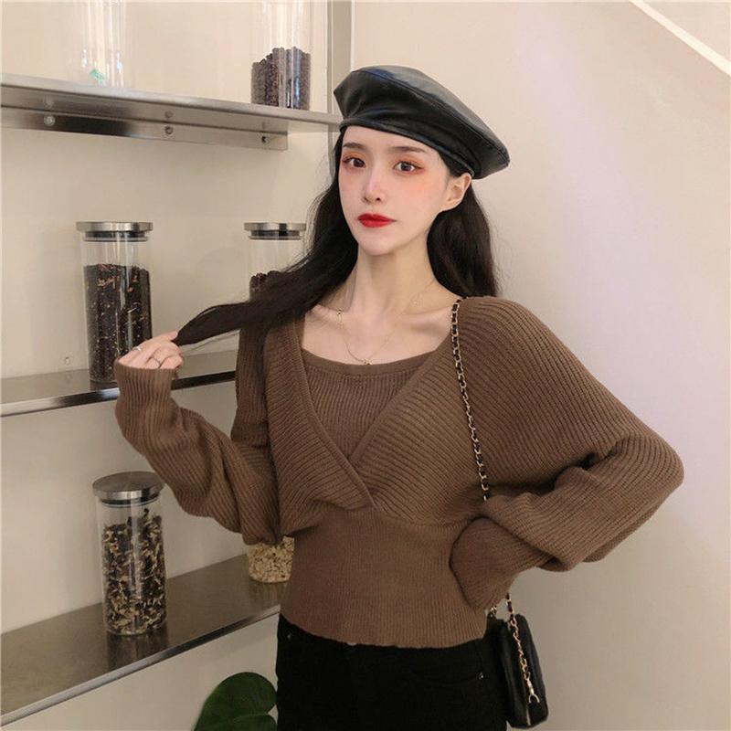 Design Sense French Niche Waist Sleeves Are Thin, Fake Two-piece Clavicle Strapless Large Size Long-sleeved Sweater Women's Blouse