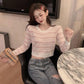 Cute O-neck Pullover Long Sleeve Short Twist Sweater Women Open Waist Striped Knitwear