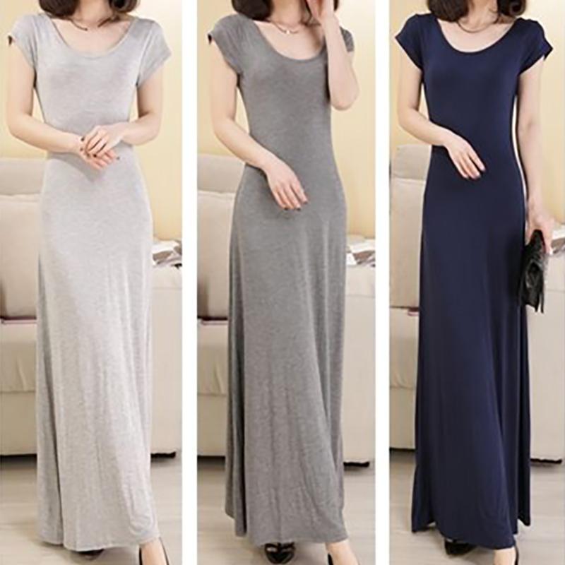 Fashion Long Maxi Dress Cotton Short Sleeve Crew Neck Elastic Backless Summer Dress Party Dress