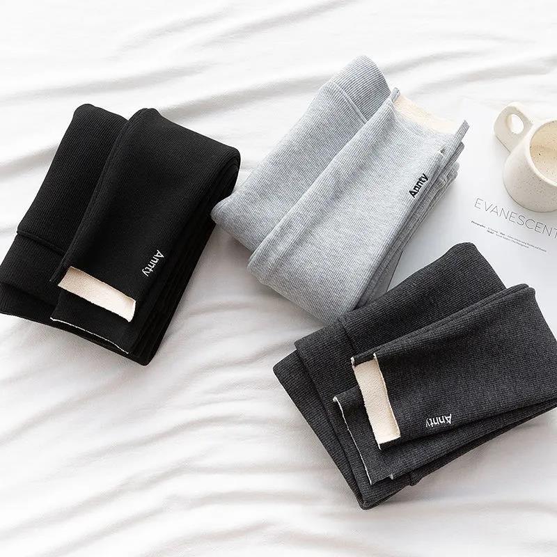 Spring and Autumn Threaded Leggings Women's Long Trousers Are Thin Outer Wear Plus Velvet Thickened High Waist Warm Cotton Trousers In Winter