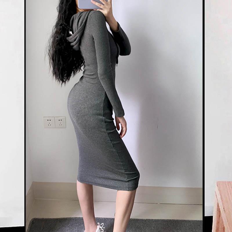 Knitted Jumper Dress Lace Up Bandage V Neck Long Sleeve Sweater  Women Clothing Hoody  Body con Short Dress