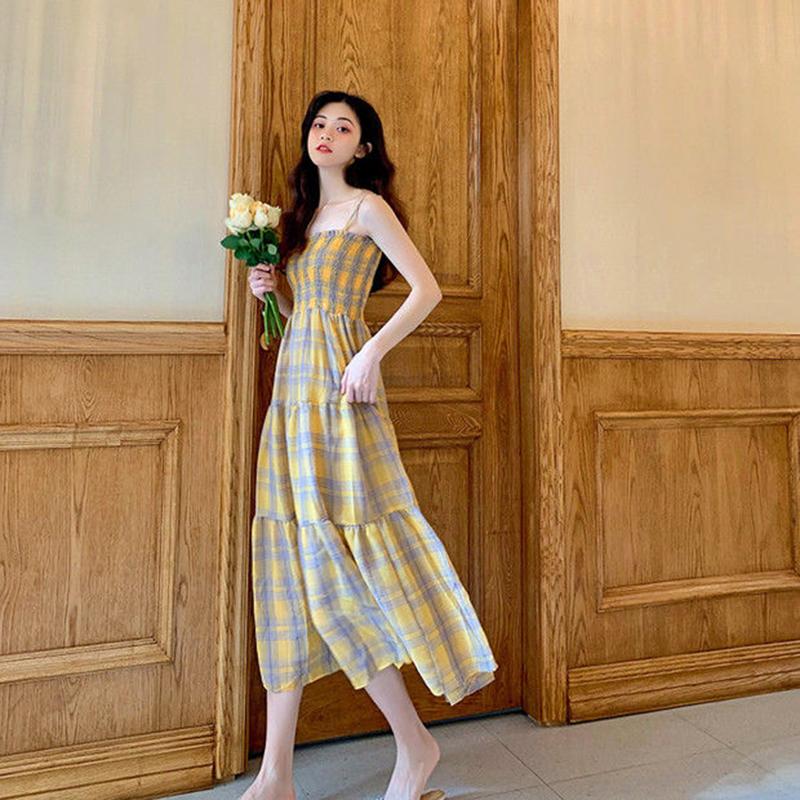Plaid Chiffon Suspender Skirt Dress Female Summer Long French Style Over-the-knee Retro Fashion Dress