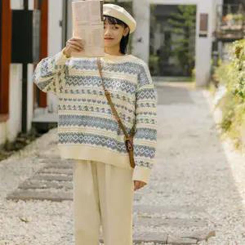 Autumn Winter  Women Fashion Sweater Casual Knitting Sweater Jacquard Round Neck Pullovers Loose Casual Long Sleeve Sweater
