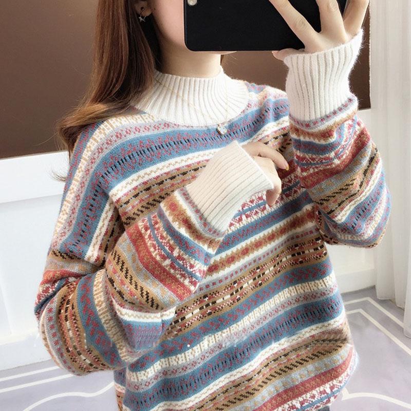 Winter Women Colorful Striped Pullover Sweater Casual Jumper O-Neck Long Sleeves Female Sweater