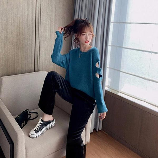 Ripped Solid Color Loose Blouse Strapless Sexy Sweater Women Autumn All-match Lazy Style Jacket