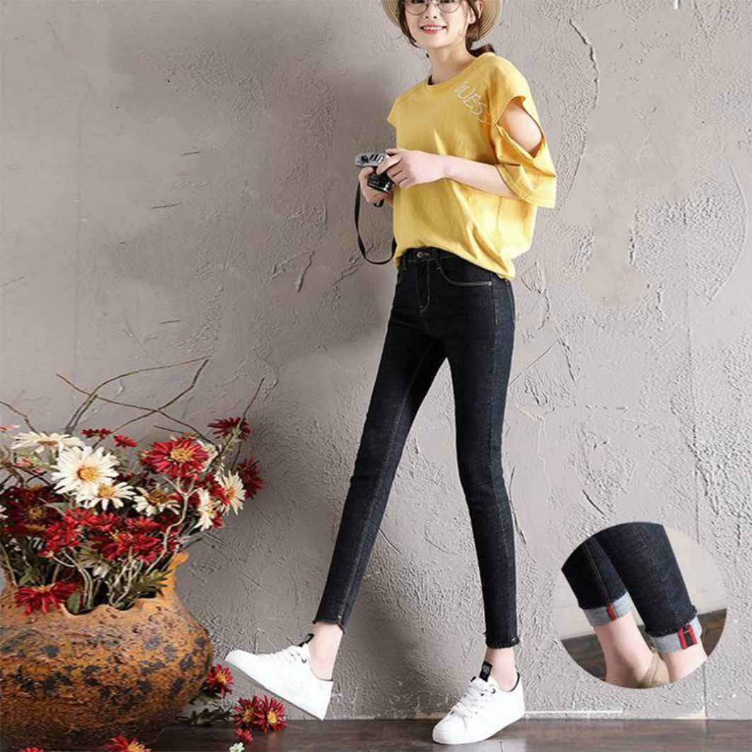 WTEMPO [Containing Cotton 80.6] Tight Feet Black Student Female Spring Cropped Pants High Waist Pants