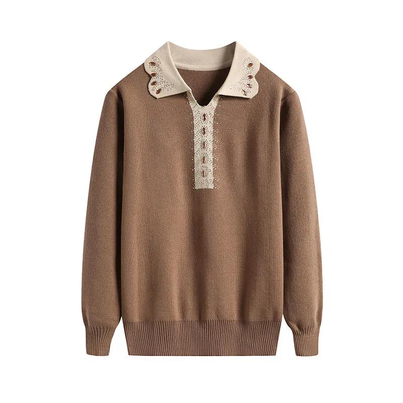 Women's Solid Color Fashion Lapel Pullover Sweater Diamond Print Loose Plus Size Long Sleeve Sweater