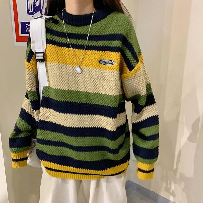 Autumn  Winter Retro Casual Color Striped Sweater Female Student Loose Fashion Round Neck Long Sleeve Sweater Coat
