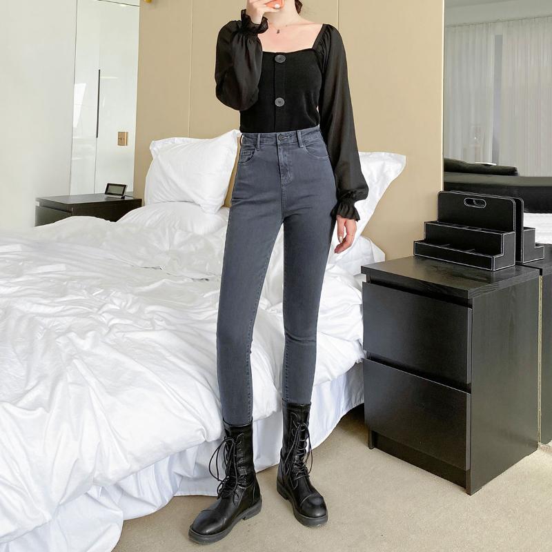 Women's Smoky Gray High-waist Stretch Jeans Nine-point Tight-fitting Feet Are Thin and Tall In Autumn