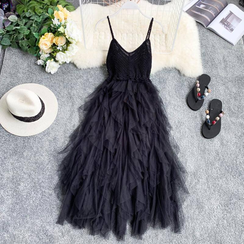Lace Party Dress Ruffles Knitting Patchwork Women Strap Dress Mesh Backless V-neck Dress