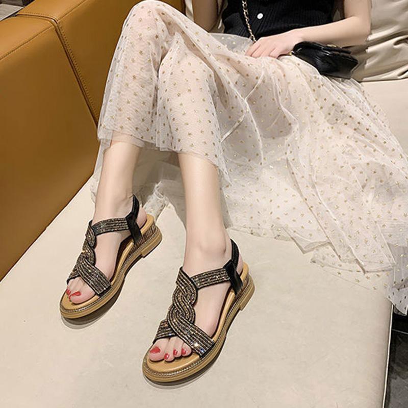 Wedge Sandals Women's Shoes Summer Soft Leather Rhinestones Comfortable Soft Bottom Low-heeled All-match Women's Flat Shoes