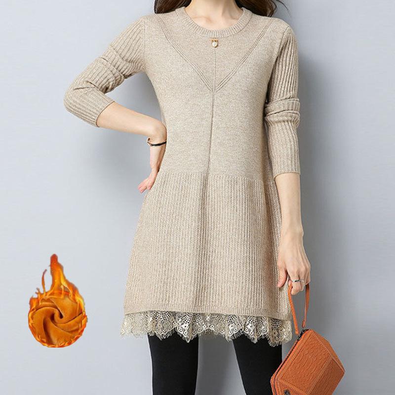 Plus Thick Autumn and Winter Sweater Women Loose and Warm Mid-length Bottoming Shirt Round Neck Knitted Lace Sweater Dress