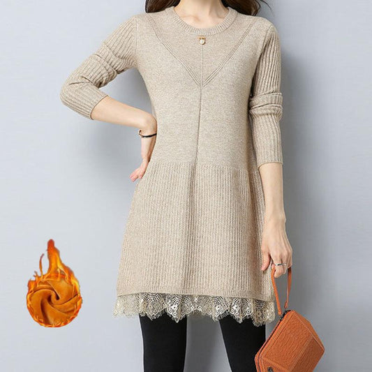 Plus Thick Autumn and Winter Sweater Women Loose and Warm Mid-length Bottoming Shirt Round Neck Knitted Lace Sweater Dress