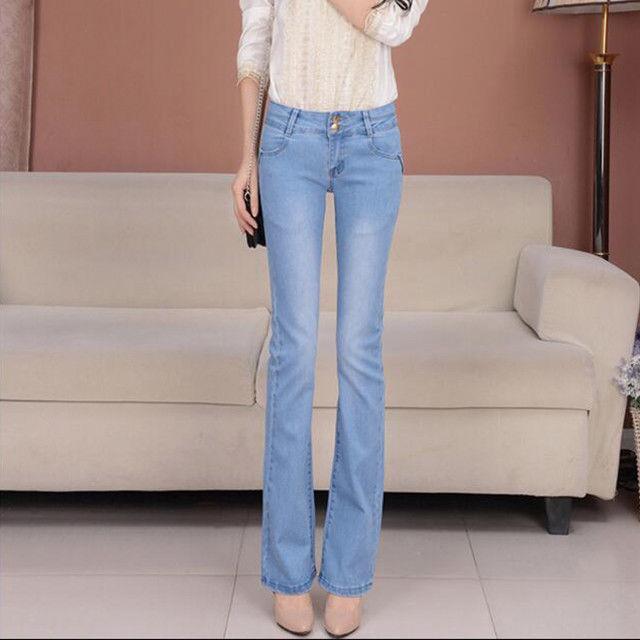 Casual High Waist Flare Leg Denim Jeans Women Stretchy Long Trousers Ladies Solid Trim Pants