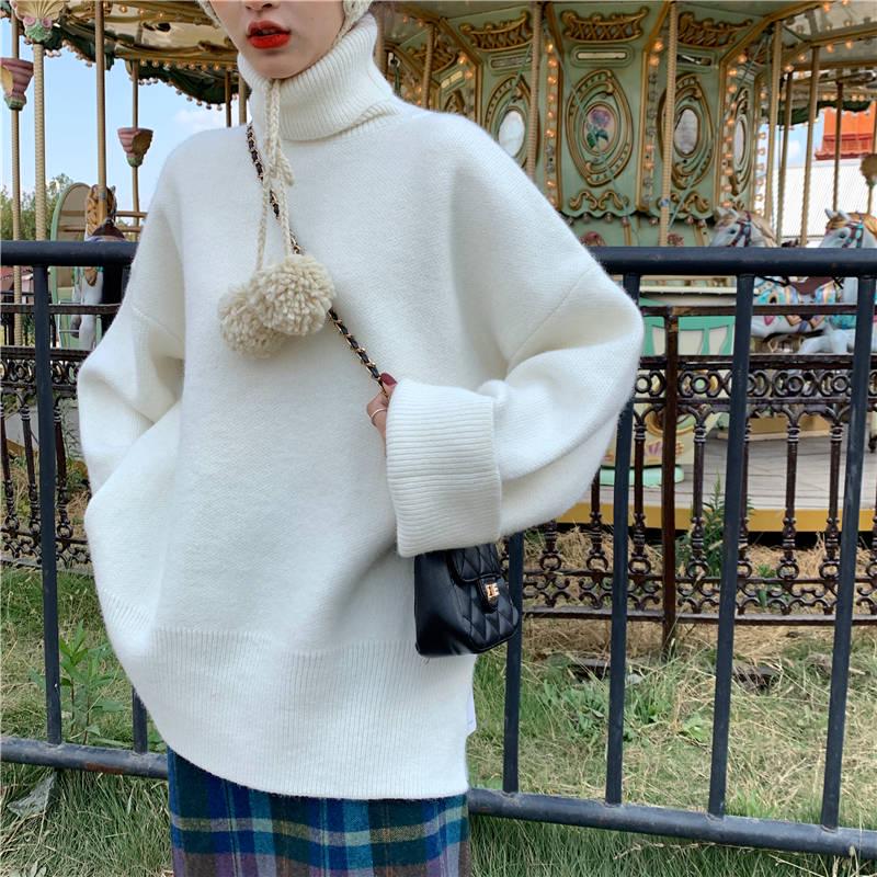 Winter Thick Solid Color Turtleneck Sweater Women Loose Pullover Wild Split Knit Jacket