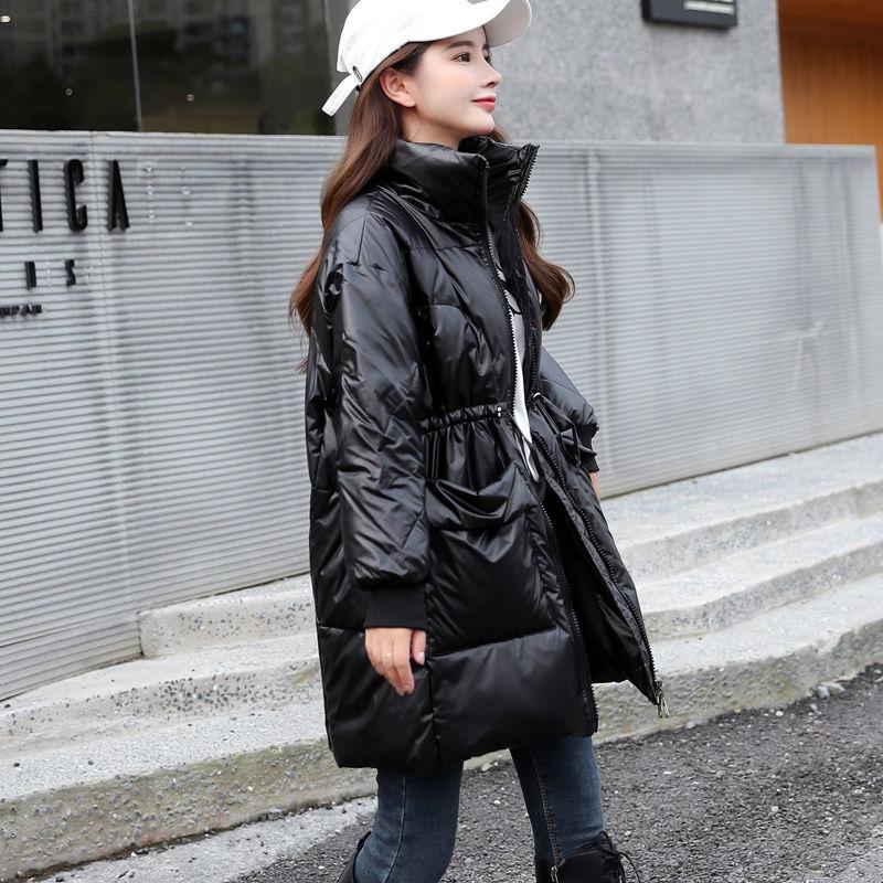 Glossy White Duck Down Jacket Women's Mid-length Loose Padded Jacket Stand-up Collar Bread Jacket