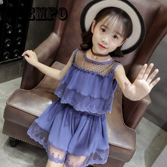 Children Clothing Sets Summer Girls Chiffon Blouse Shirt + Short Pants Outfits 2pcs