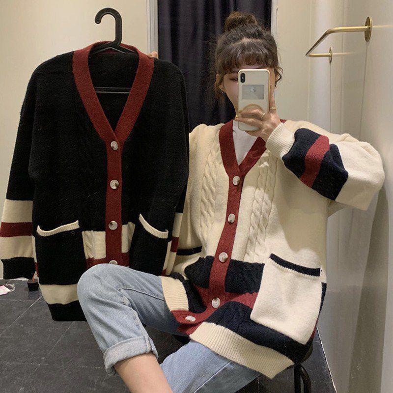 Spring  Autumn Students Loose Casual Fashion Sweater Women's Jacket Knitted Cardigan V-neck Long Sleeves