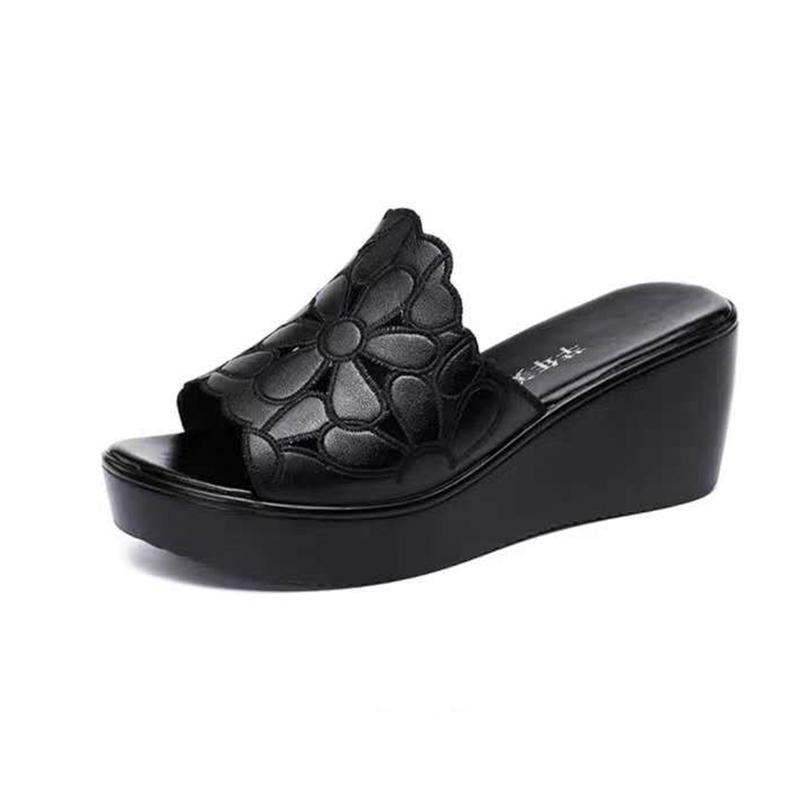 Wedge Heel Slippers Women's Sponge Cake Thick Bottom Fish Mouth Flip Flops Soft Bottom Black Hollowed Out Sandals and Slippers