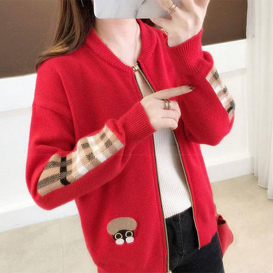 Round Neck Knitted Cartoon Baseball Uniform Jacquard Embroidery Cardigan Short Zipper Sweater