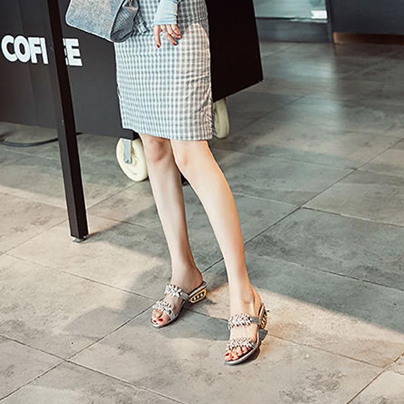 Summer Rhinestone Sandals and Slippers Women's Shoes Fashion Mid-heel Thick Heel Korean Style Hollow Heel Slippers Sandals