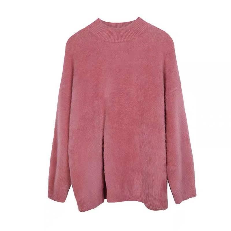 Pofulove Mohair Girly Winter Turtleneck Warm Knitwear Skin-friendly Losse Split Pullover Sweater