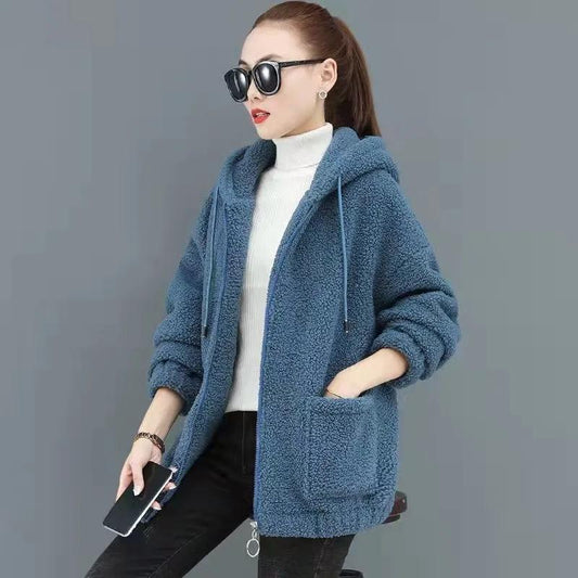 Lamb Velvet Hooded Sweatershirt Women's Fleece Thickening Autumn and Winter Warm Cardigan Jacket Spring Zipper Hooded Jacket