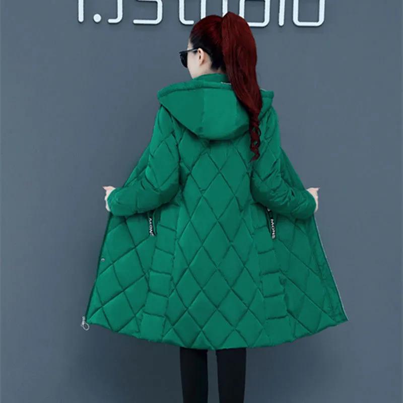Loose Argyle Hooded Parkas Women Fashion Solid Thick Long Coats Women Elegant Cotton Jackets Female Ladies Winter Jacket