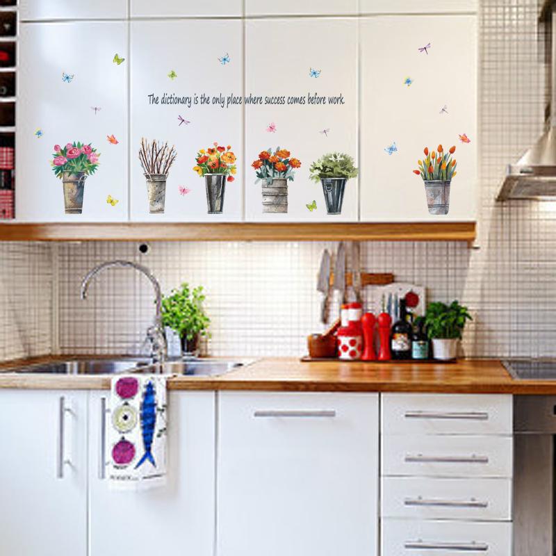 [sticker ]Retro Iron Bucket Potted Wall Stickers Home Decor Living Room Bedroom Kitchen Window Art