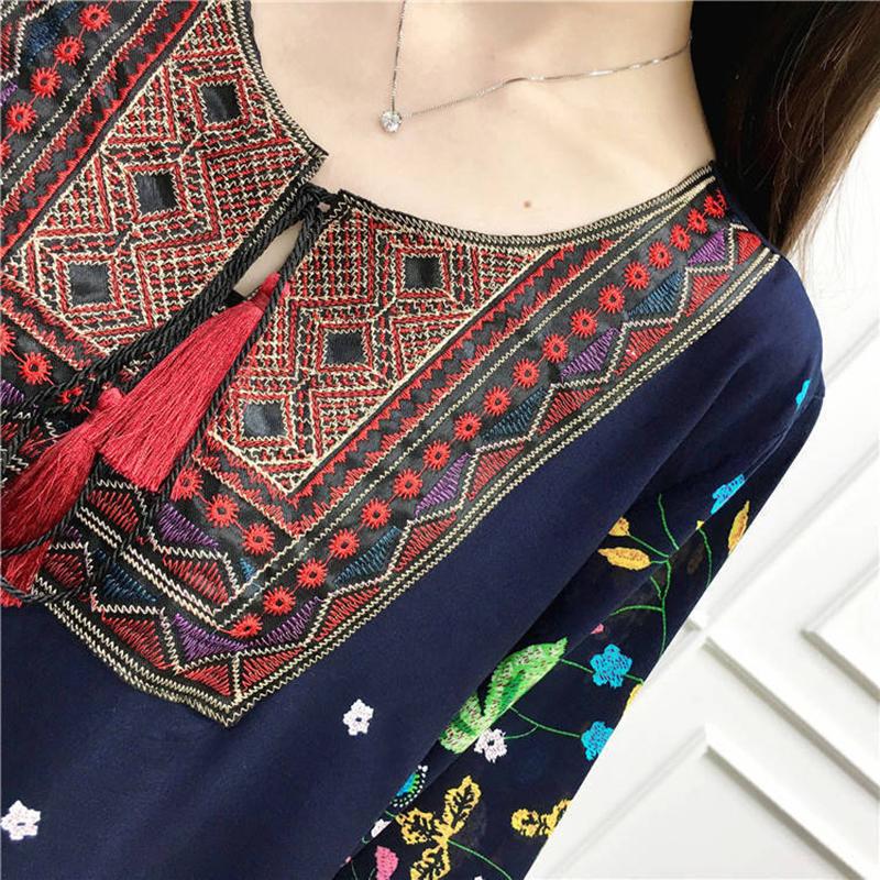 Women's Printed Dress Casual O-neck Short-sleeved Loose Dress Retro Folk Style Loose Mid-length Dress Cotton Fabric Sweat-absorbent and Breathable