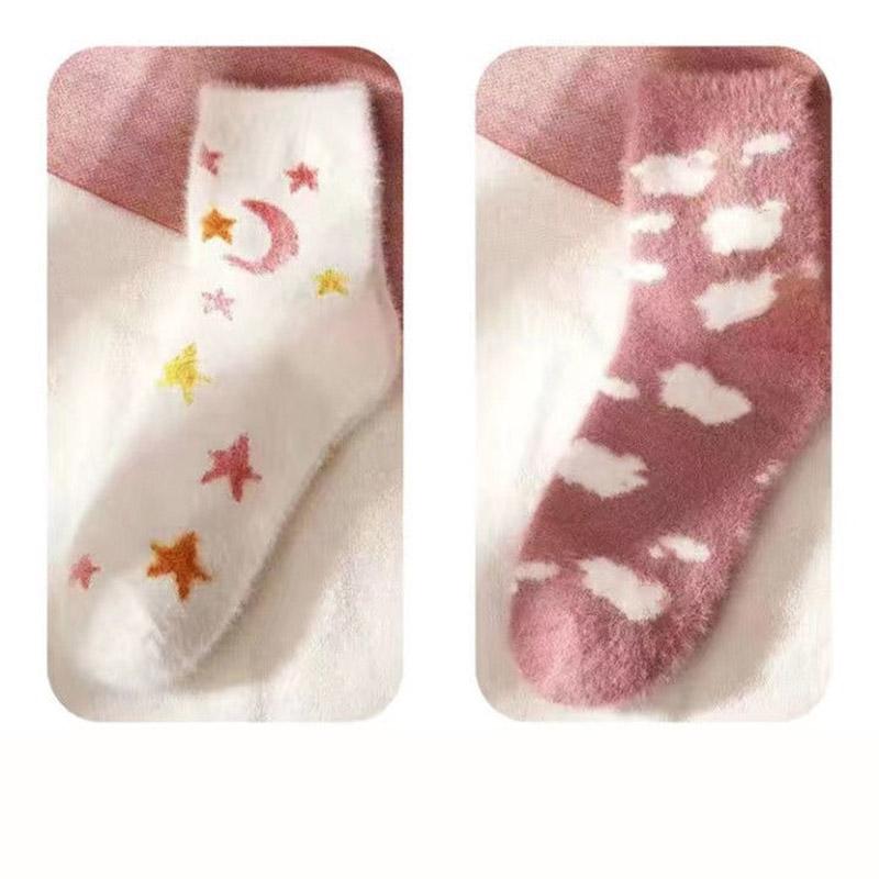 Two Pairs of Mink Fleece Socks Autumn and Winter Plus Fleece Thick Warm Floor Socks Women's Coral Fleece Home Sleep Socks