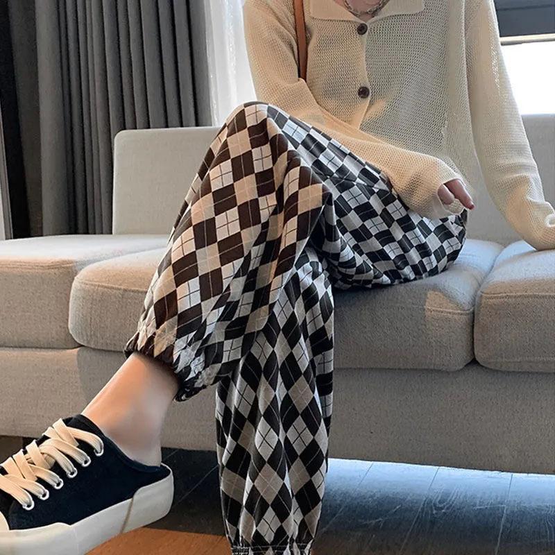 Women's Spring and Summer Diamond-shaped Plaid Pants Loose and Thin Straight Casual Harem Pants Ladies Drawstring Sports Pants