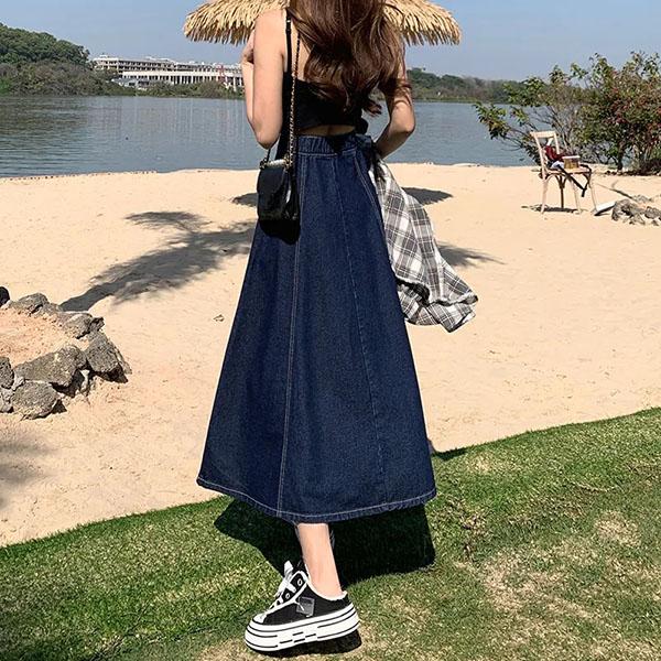 Skirts Women's Long Skirt Spring Summer Mid-length Denim Skirt Pleated Elastic High Waist Thin A-line Skirt