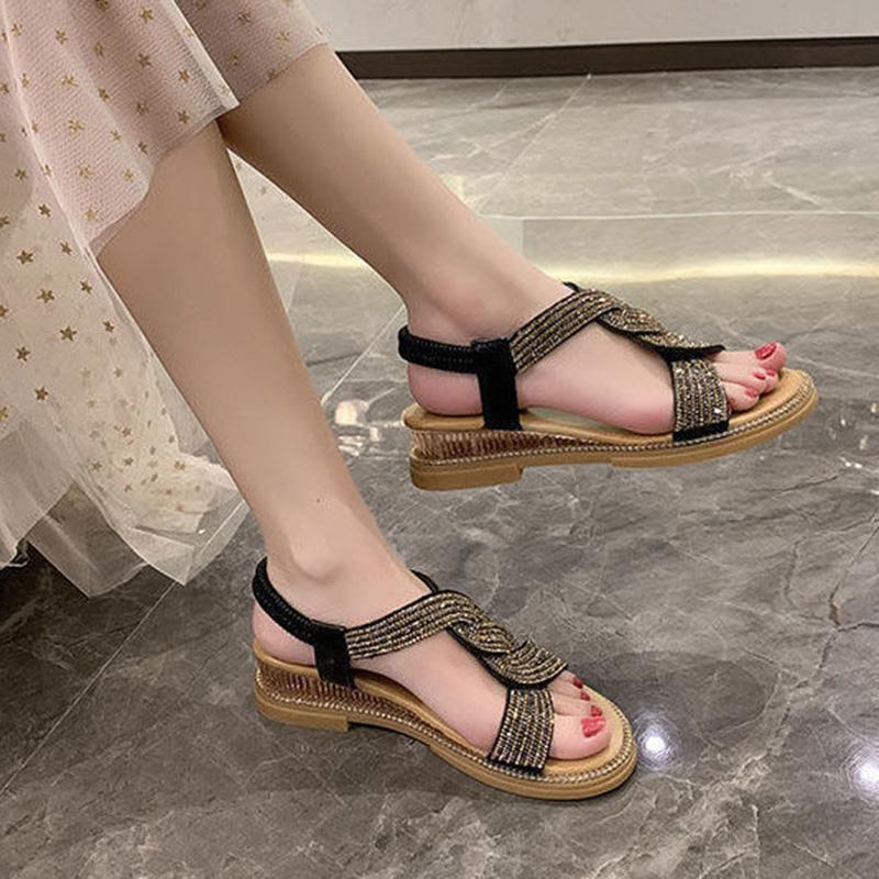 Wedge Sandals Women's Shoes Summer Soft Leather Rhinestones Comfortable Soft Bottom Low-heeled All-match Women's Flat Shoes