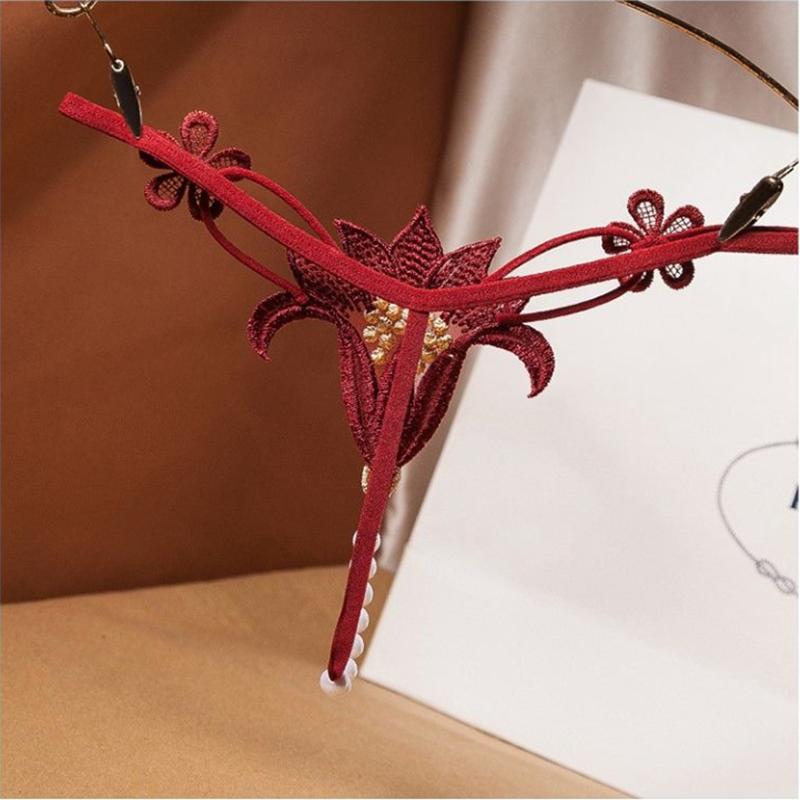 Sexy Women's Panties Hollow Pearl Massage Low Waist Elastic Temptation A Rope Flower Thong