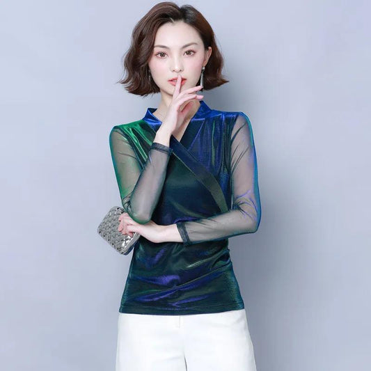 Women's Spring Autumn Long Sleeve Top V-Neck Slim Fit Mesh Bottoming Shirt