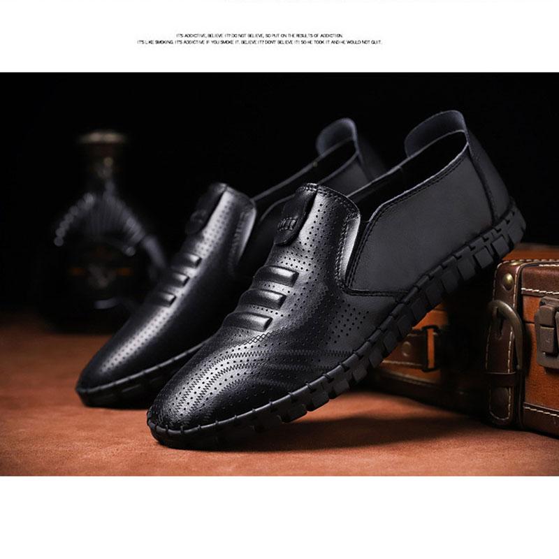 Men Summer Leather Shoes Breathable Hollow PU Shoes Slip on Soft Sole Casual Leather Shoes Comfortable Driving Shoes Leisure Round Toe Wear-resistant