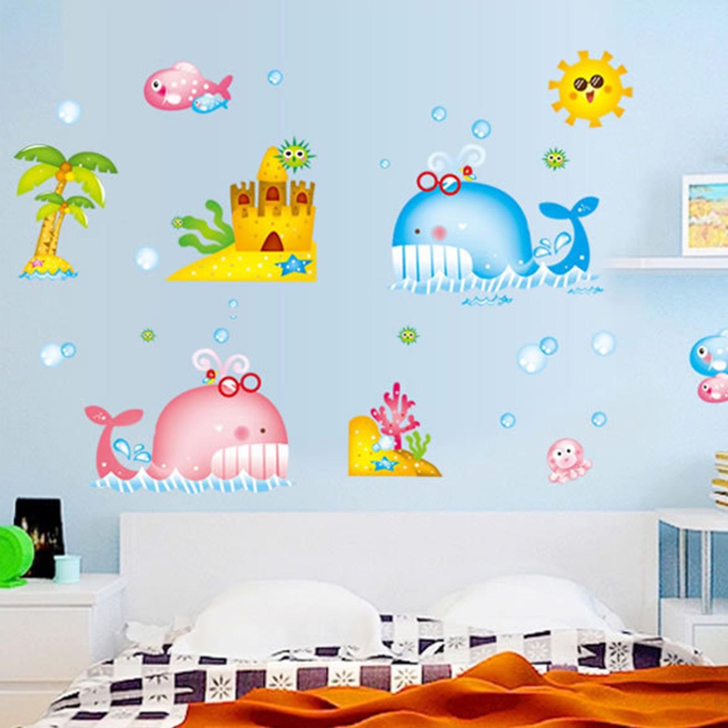Cartoon sea bottom cute whale wall stickers porch background decoration self-adhesive wall sticker